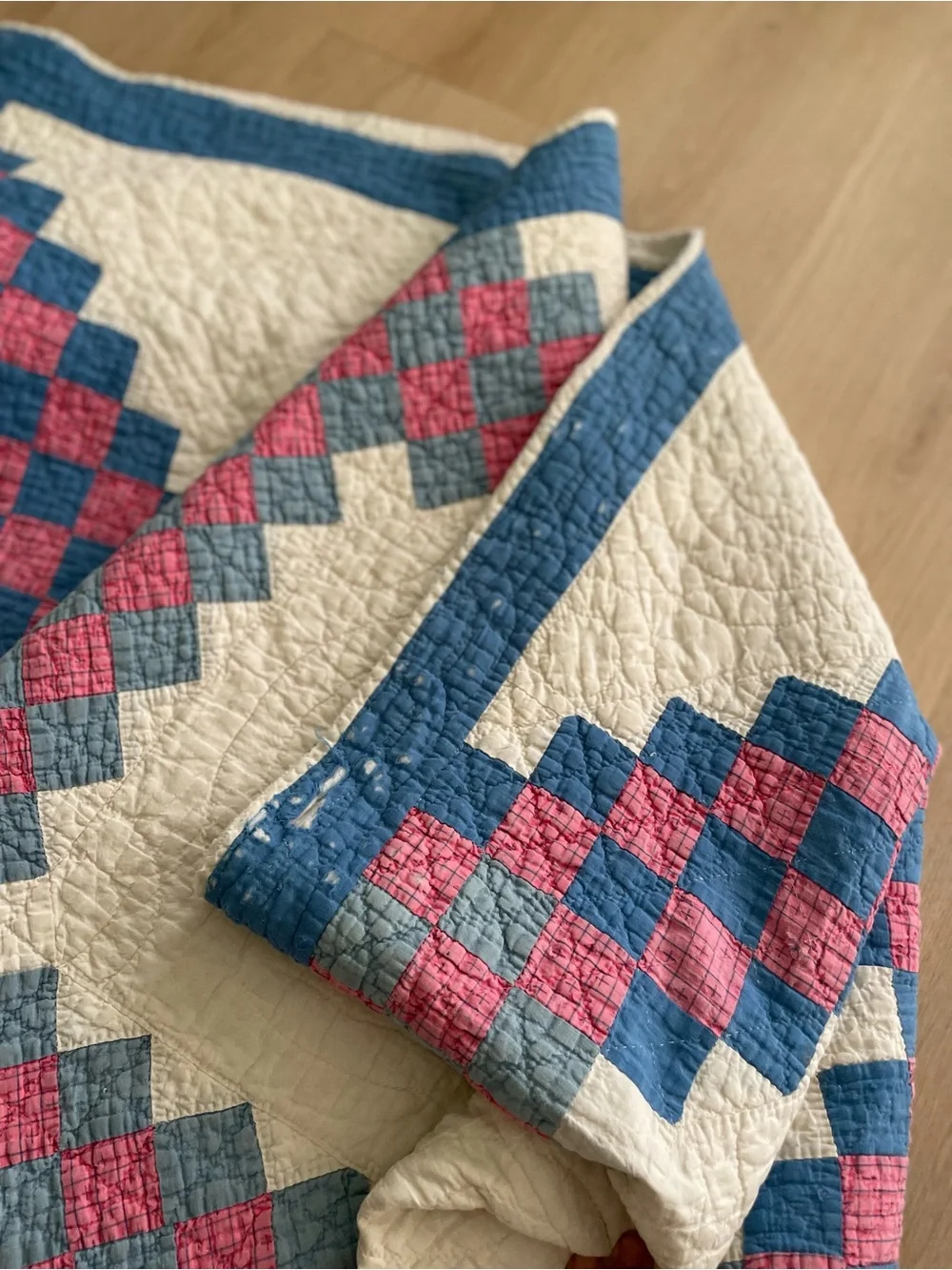 Vintage Antique Hand Quilted Irish Chain Quilt Pink Blue 80x72 Cottage